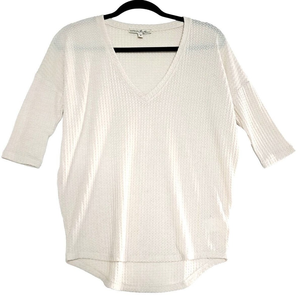 Express Sweater Womens XS Soft Cream Knit V-Neck Waffle 1/2 Sleeve High Low Hem